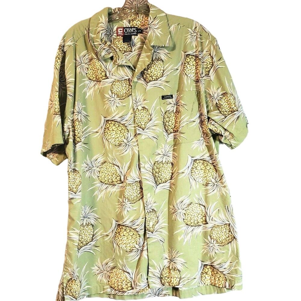 Ralph Lauren Chaps Shirt Size L Tropical Green Pineapple Short Sleeve Cotton